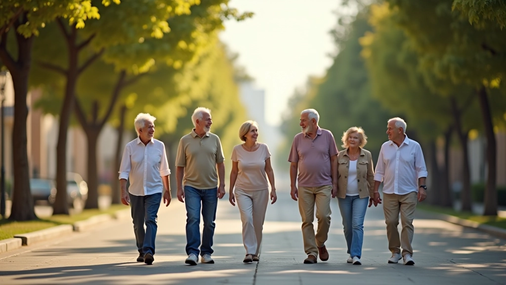 Grupo de adultos mayores caminando juntos por una avenida arbolada de Aibonito