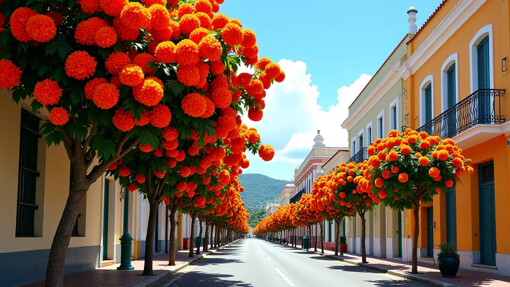 Avenida arbolada con flamboyanes en plena floración en Aibonito, Puerto Rico