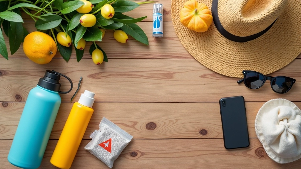 Mochila de senderismo con botellas de agua, gafas de sol, y artículos de seguridad dispuestos en una mesa