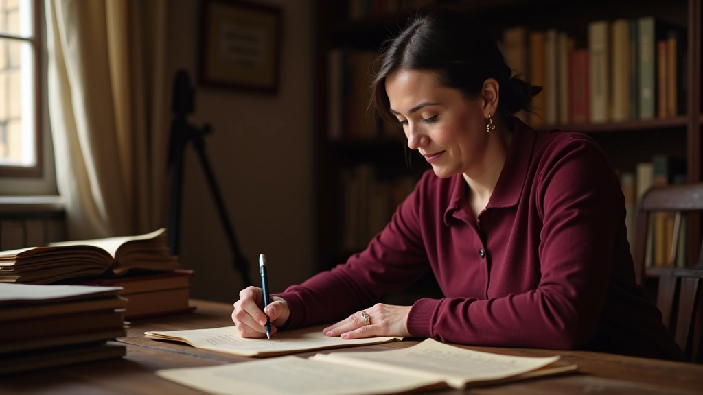 Margarita trabajando en su escritorio con documentos históricos, archivos y referencias sobre Aibonito, luz natural desde ventana